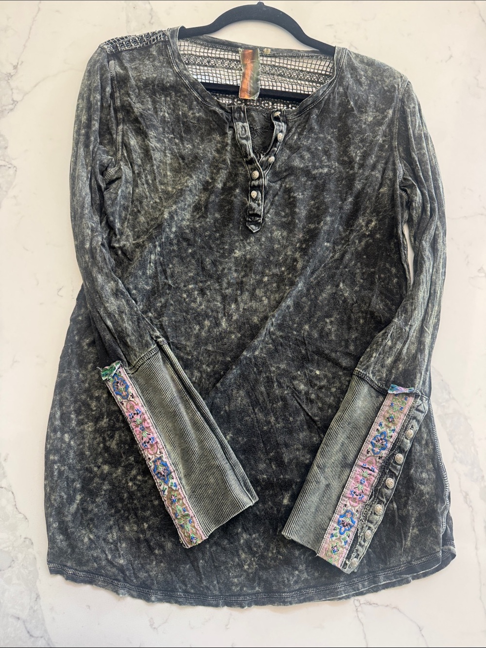 Washed Black Long-Sleeve Henley with Embroidered Cuffs